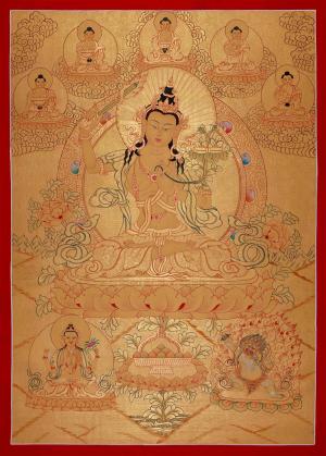 Gold Style Manjushri Thangka with Five Dhyani Buddhas, Chengrezig, and Vajrapani | Original Hand-Painted Tibetan Thangka